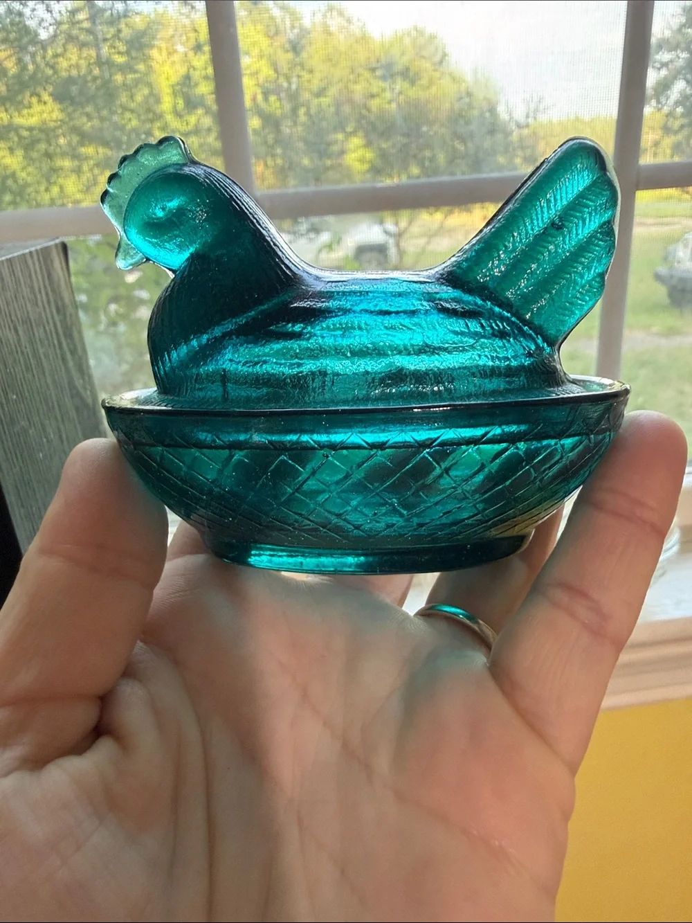 Teal Glass Hen on Nest Decorative Dish - Home Accents
